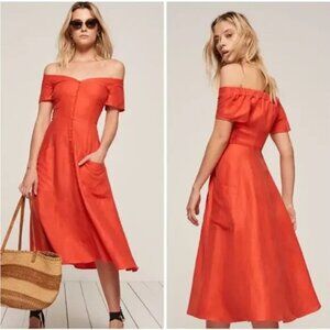 REFORMATION Mariposa off-the-shoulder linen dress, size 6